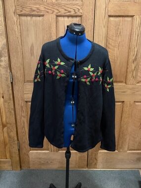 breckenridge Black Cardigan with Red Berry Embroidery